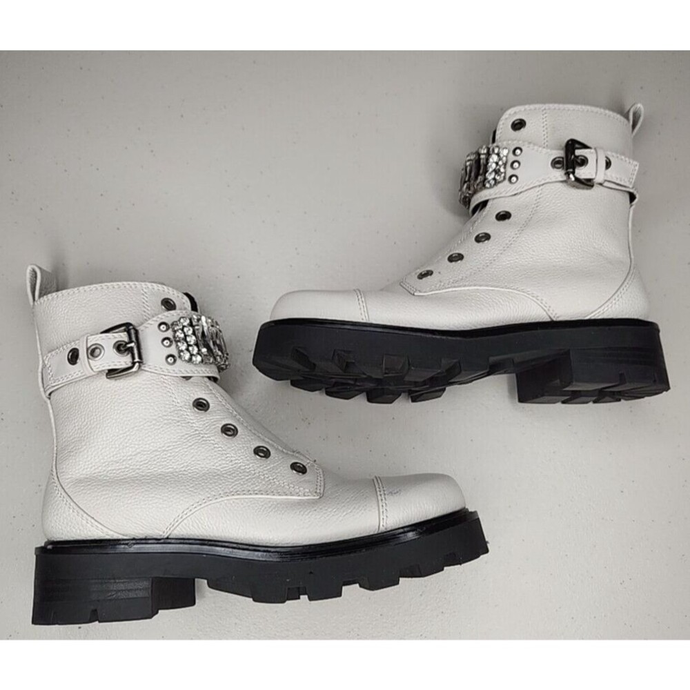 Karl Lagerfeld “MAIKA” White Leather Cap Toe Rhinestone Zip Up Biker Boots, 6.5M